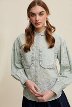 Sage Eyelet Ruffle Pocket Button-Up Blouse