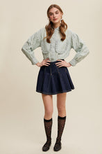 Sage Eyelet Ruffle Pocket Button-Up Blouse