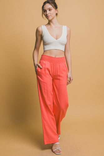 Sunset Coral Shirred Waist Linen Pants