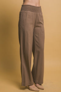 Mocha Shirred Waist Linen Pants