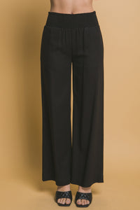Black Shirred Waist Linen Pants