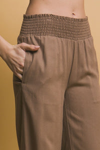 Mocha Shirred Waist Linen Pants