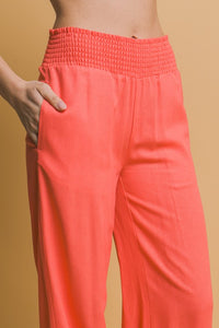 Sunset Coral Shirred Waist Linen Pants