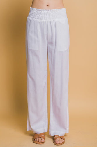 White Shirred Waist Linen Pants