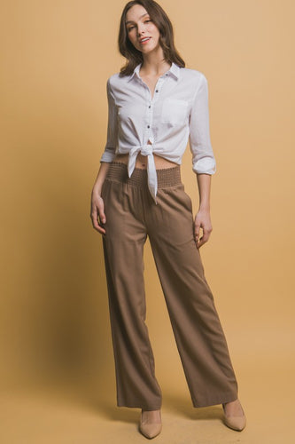 Mocha Shirred Waist Linen Pants