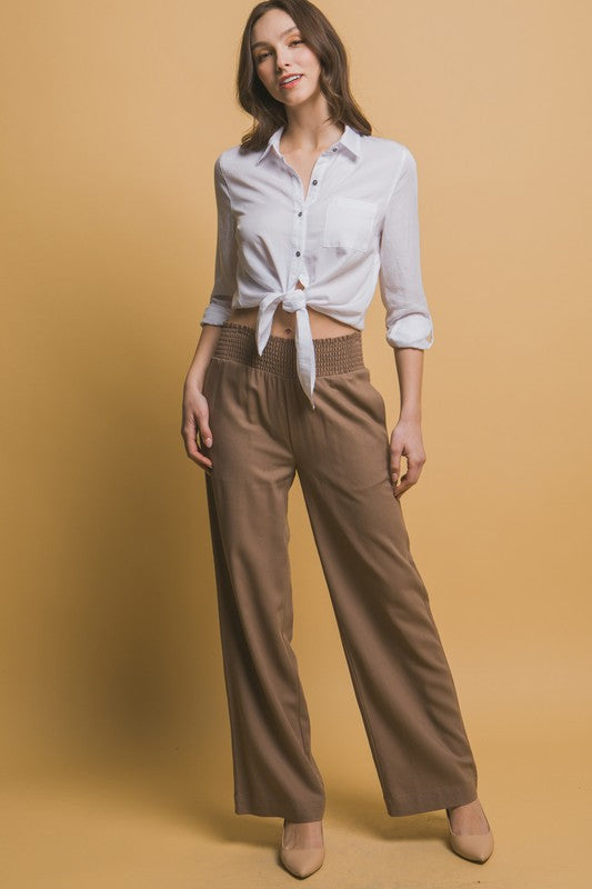 Mocha Shirred Waist Linen Pants
