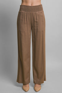 Mocha Shirred Waist Linen Pants