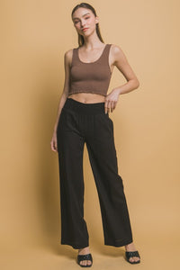 Black Shirred Waist Linen Pants