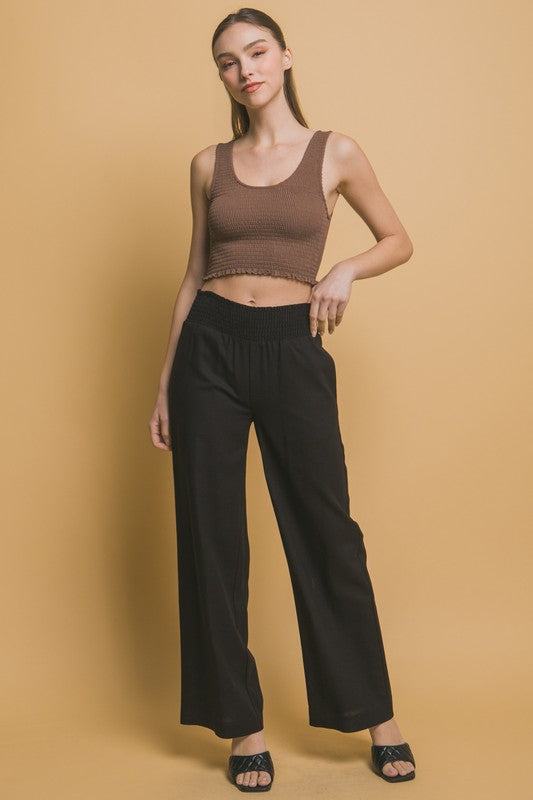 Black Shirred Waist Linen Pants