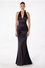 Black Halterneck V-Neck Satin Gown