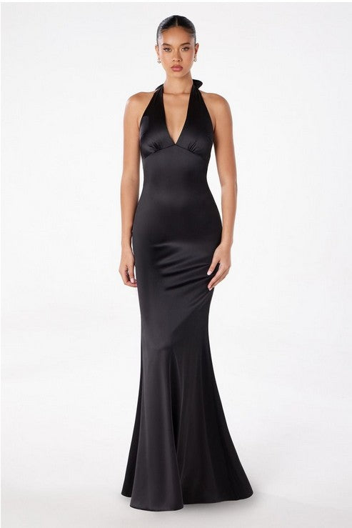 Black Halterneck V-Neck Satin Gown