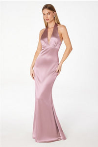 Mauve Halterneck V-Neck Satin Gown