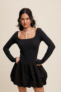 Black Elegant White Long-Sleeve Dress With Bubble Skirt