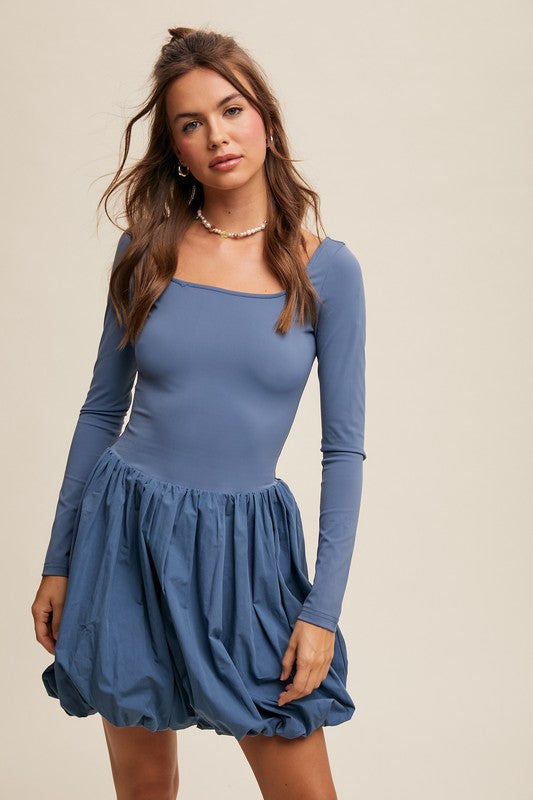 Denim Elegant White Long-Sleeve Dress With Bubble Skirt Aquarius Brand Denim Elegant White Long-Sleeve Dress With Bubble Skirt Aquarius Brand