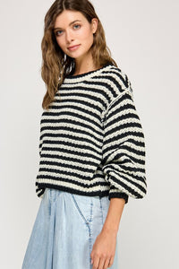 Off White/Black Striped Oversized Chunky Comfy Sweater Top