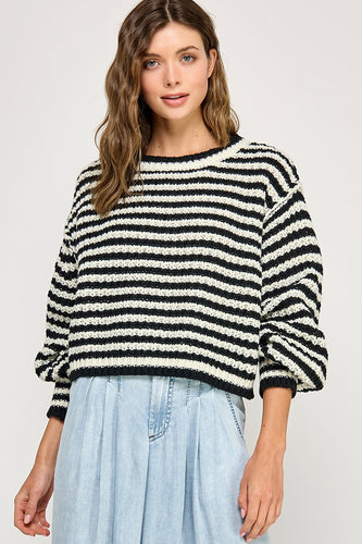 Off White/Black Striped Oversized Chunky Comfy Sweater Top
