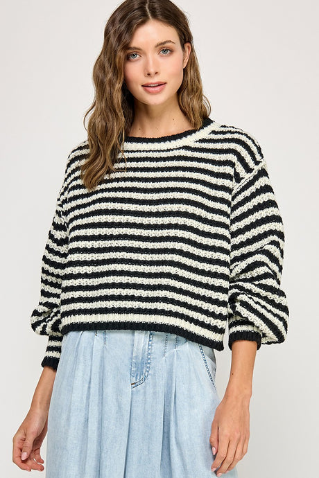 Off White/Black Striped Oversized Chunky Comfy Sweater Top