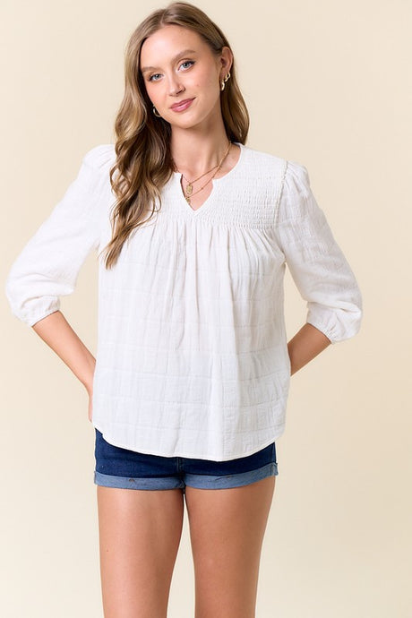 Off White Woven Split V-neck Smocked Front 3/4 Sleeve Top