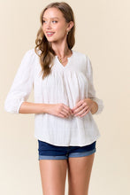 Off White Woven Split V-neck Smocked Front 3/4 Sleeve Top
