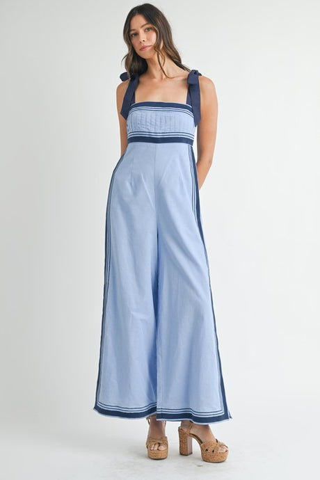 Periwinkle Linen Mix Chevron Sail Shoulder Strap Jumpsuit
