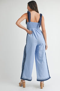 Periwinkle Linen Mix Chevron Sail Shoulder Strap Jumpsuit