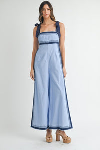 Periwinkle Linen Mix Chevron Sail Shoulder Strap Jumpsuit
