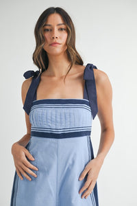 Periwinkle Linen Mix Chevron Sail Shoulder Strap Jumpsuit