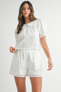 Off White Peter Pan Collar Babydoll Blouse And Shorts Set