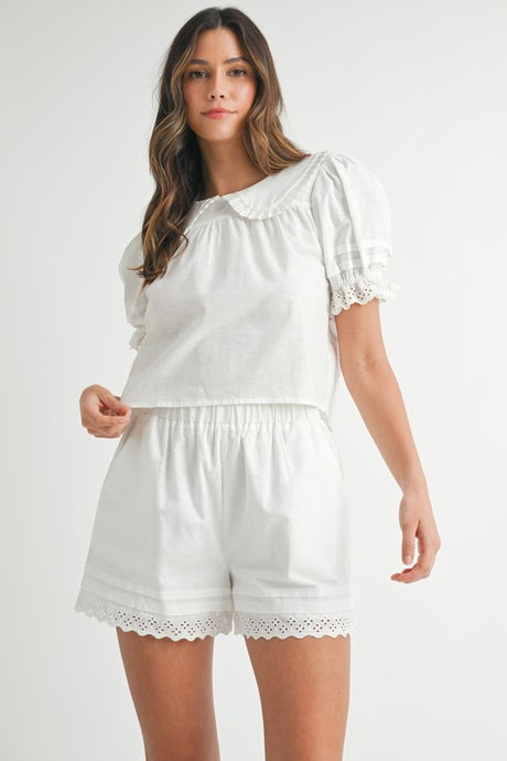 Off White Peter Pan Collar Babydoll Blouse And Shorts Set