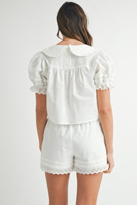 Off White Peter Pan Collar Babydoll Blouse And Shorts Set