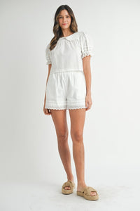 Off White Peter Pan Collar Babydoll Blouse And Shorts Set