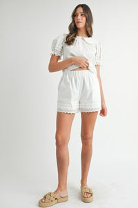Off White Peter Pan Collar Babydoll Blouse And Shorts Set