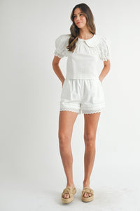 Off White Peter Pan Collar Babydoll Blouse And Shorts Set