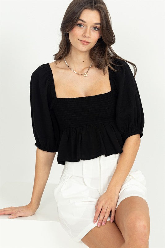Black Good Vibes Smocked Peplum Top