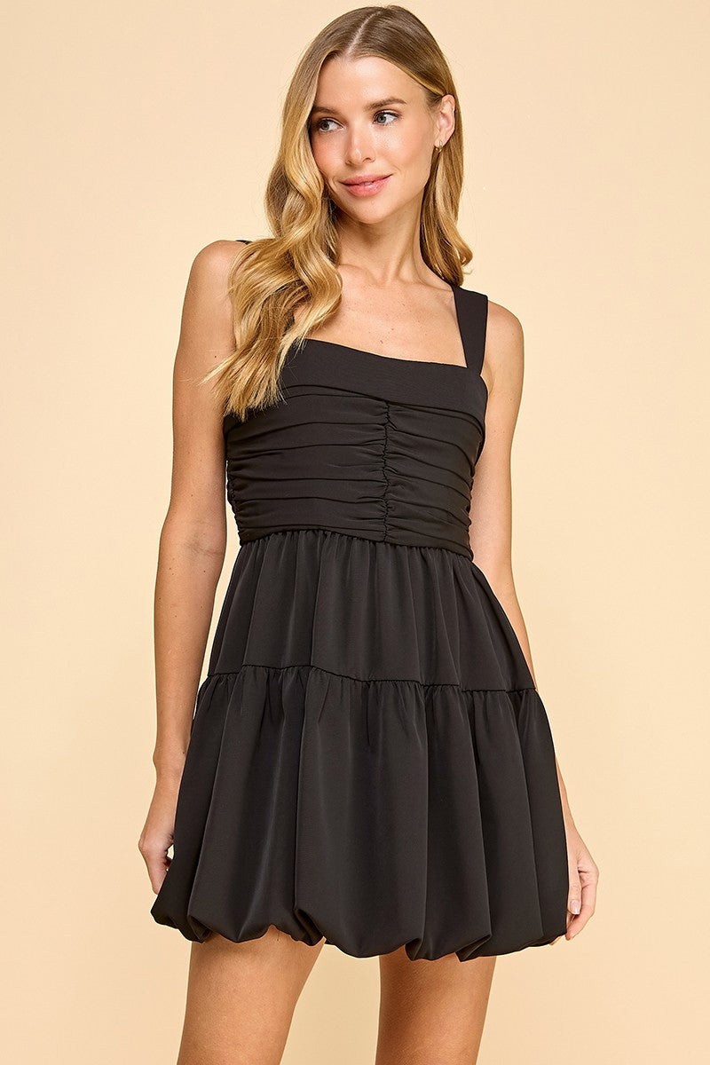 Black Ruched Detail Fit And Flare Tank Dress