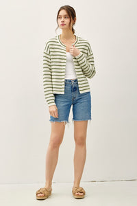 Sage Striped Ribbed Open Cardigan