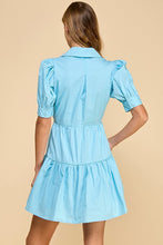Baby Blue Poplin Collared V Neckline Waist Bow Dress