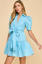 Baby Blue Poplin Collared V Neckline Waist Bow Dress