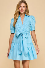 Baby Blue Poplin Collared V Neckline Waist Bow Dress