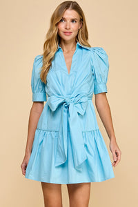 Baby Blue Poplin Collared V Neckline Waist Bow Dress