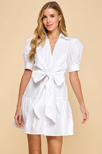 White Poplin Collared V Neckline Waist Bow Dress