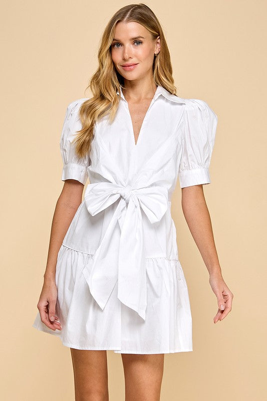 White Poplin Collared V Neckline Waist Bow Dress