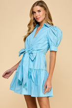 Baby Blue Poplin Collared V Neckline Waist Bow Dress