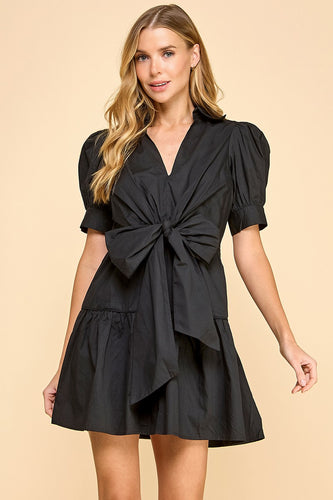 Black Poplin Collared V Neckline Waist Bow Dress