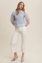 Misty Blue Floral Embroidered Sheer Peplum Blouse