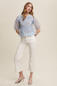 Misty Blue Floral Embroidered Sheer Peplum Blouse