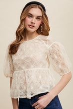 Ecru Floral Embroidered Sheer Peplum Blouse