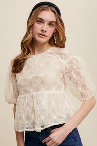 Ecru Floral Embroidered Sheer Peplum Blouse