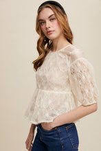 Ecru Floral Embroidered Sheer Peplum Blouse
