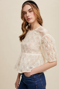 Ecru Floral Embroidered Sheer Peplum Blouse